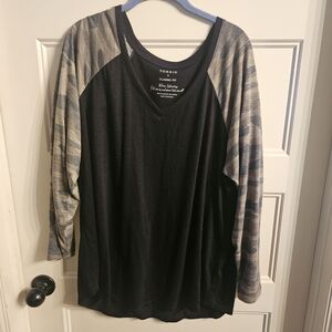 Torrid Black Top with Blue and Gray Sleeves